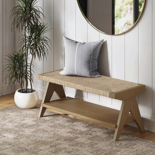 Beacon Bohemian Bench Seat with Shoe Storage, Seagrass Entryway or End of Bed Bench with Solid Wood Frame, Brushed Light Brown