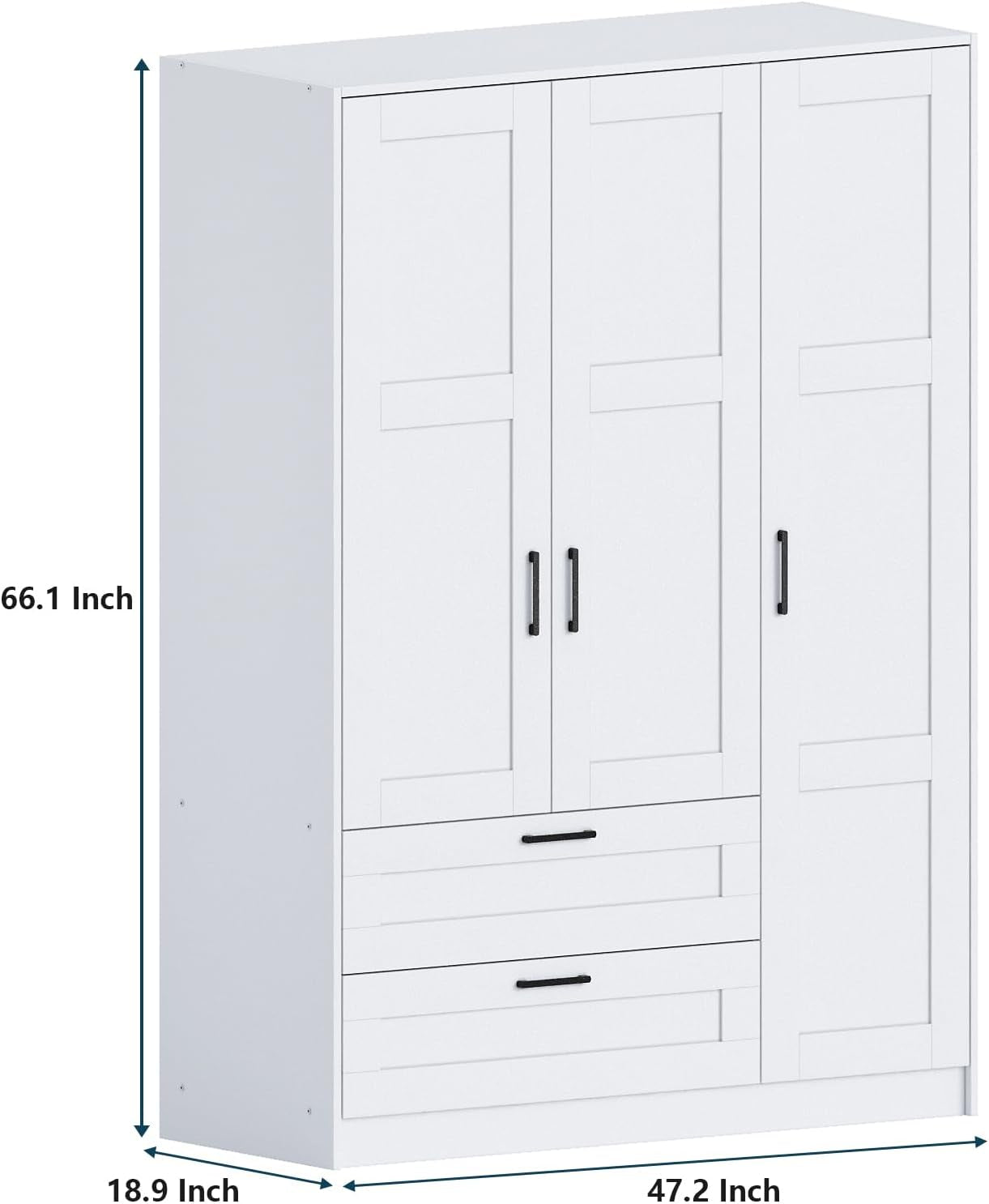 3 Doors Wooden Wardrobe Closet Armoire, White Storage Cabinet for Hanging Clothes, Bedroom Large Capacity Freestanding Armoire,Wood Wardrobe Combination with Shelves (2Drawer, White)