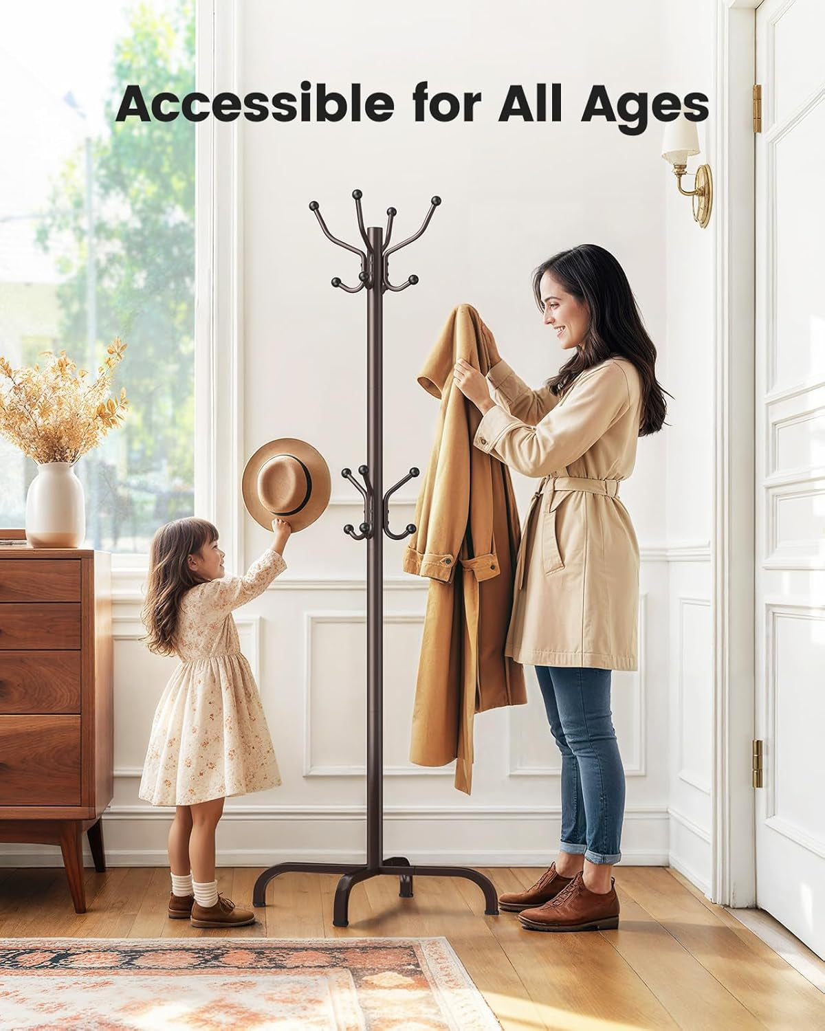 Coat Rack with 14 Hooks, Freestanding Coat Rack Stand for Entryway, Hallway, Bedroom, and Office, Metal Coat Tree & Hat Rack for Coats, Hats, and Bags, Brown
