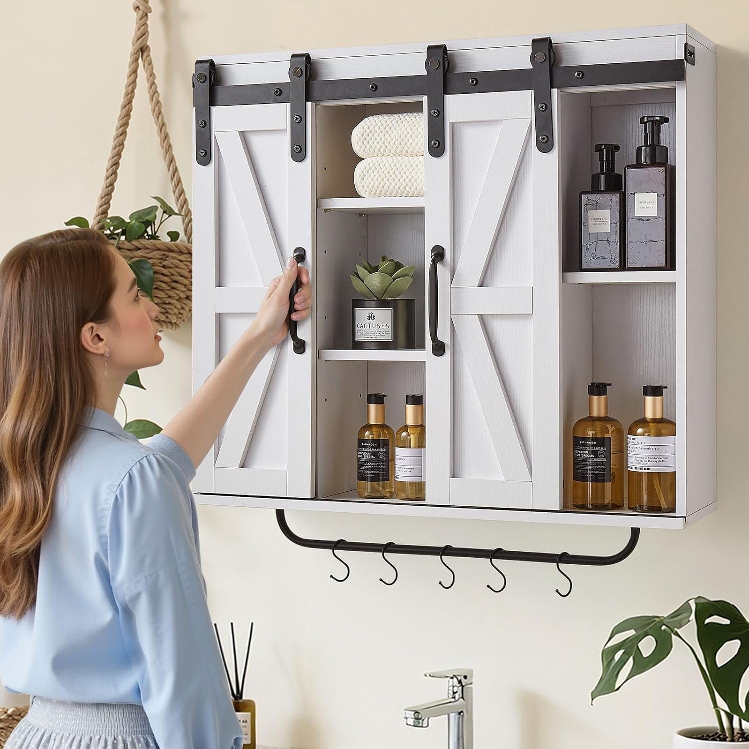 Bathroom Wall Cabinet, 2 Doors and Adjustable Shelf, over the Toilet Storage Medicine Cabinet Wall Mounted, Hanging Organizer with Open Partition/Towel Bar/Hooks for Laundry Room Kitchen, White