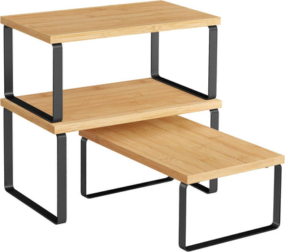 Cabinet Organizer Shelf, Set of 3 Kitchen Counter Shelves, Kitchen Storage, Spice Rack, Stackable, Expandable, Ink Black and Natural Beige UKCS014YL03