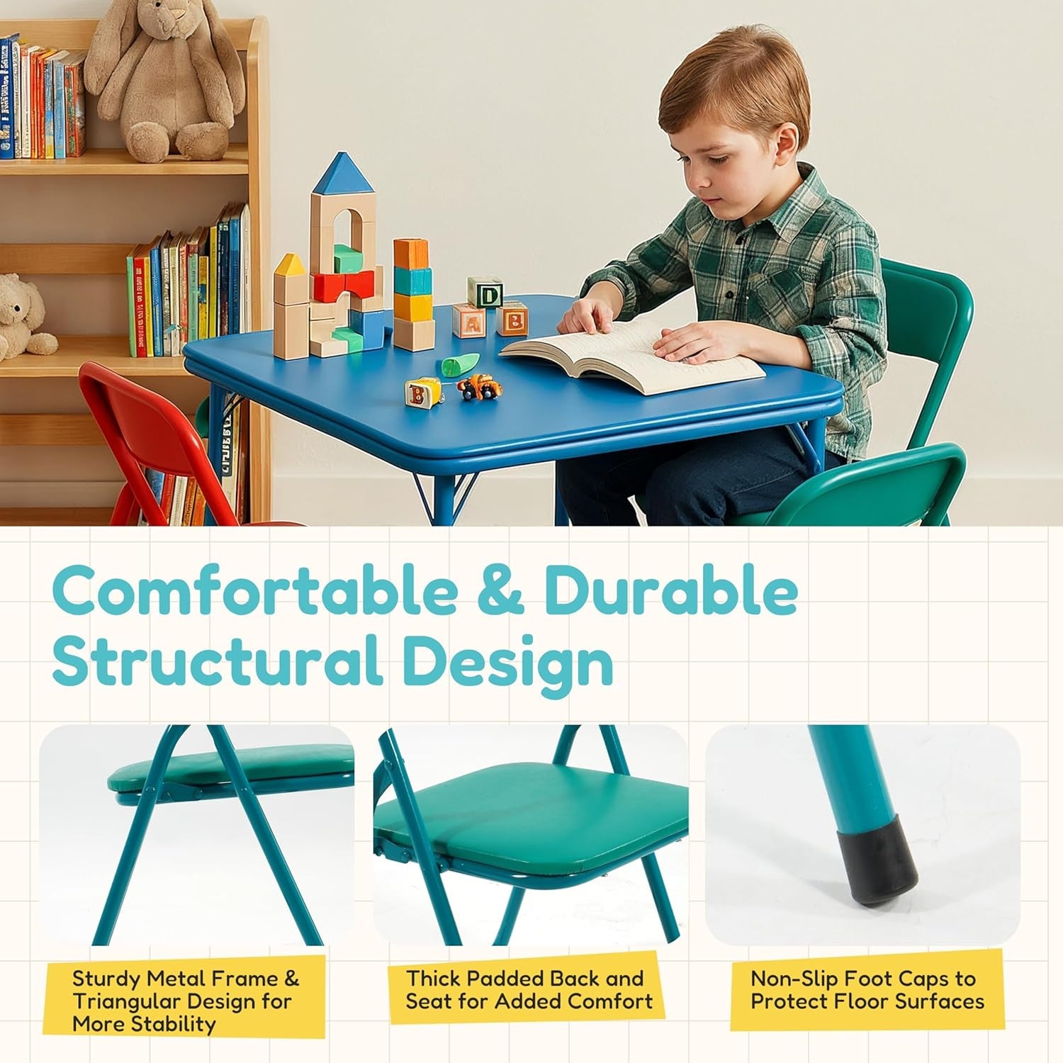 2 Pcs Kids Desk Chair Foldable with Padded Seat & Back, Metal Frame for Toddler&Children, Indoor Outdoor Portabel Use for Playroom, Bedroom, Kitchen, Folding for Easy Storage, Green+Red