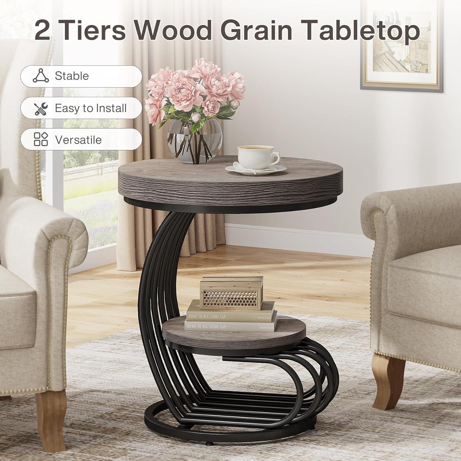 round End Table, 2-Tier Farmhose Wood Side Table with Shelf Storage, Small Sofa Side Bedside Nightstand, Arc-Shaped Frame Accent Furniture for Living Room, Grey