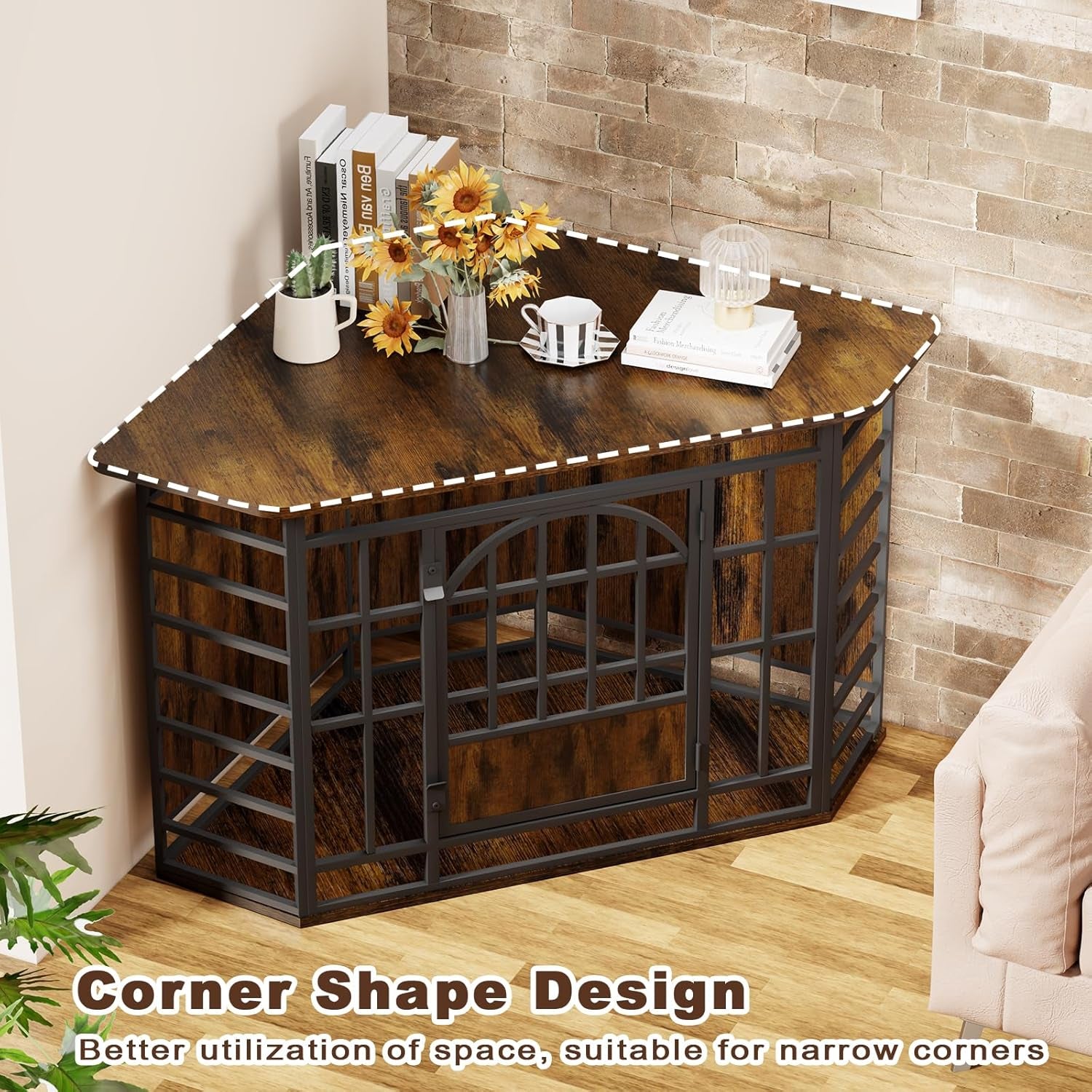 Corner Dog Crate Furniture, 52 Inch Large Dog Kennel Indoor Wooden End Table, Modern Dog Cage Decorative Pet House TV Stand for Medium Large Dogs,Grey