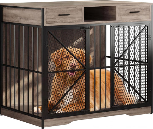 44 Inch Large Dog Crate Furniture, Multi-Functional Dog Cage Table with 2 Drawers and an Open Compartment, Heavy Duty Wooden Dog Crate TV Stand for Indoor Use