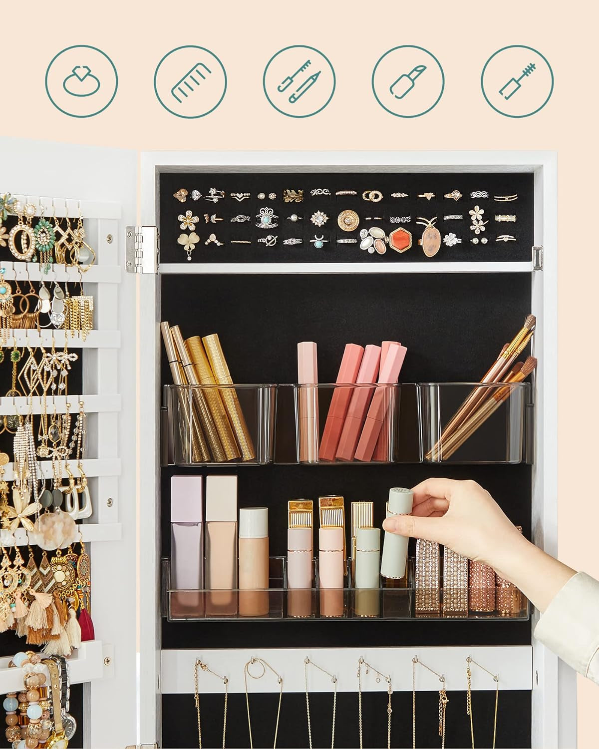 Jewelry Cabinet Armoire, Freestanding Lockable Storage Organizer Unit with 2 Plastic Cosmetic Storage, Full-Length Frameless Mirror, for Necklace Earring, White UJJC002W01