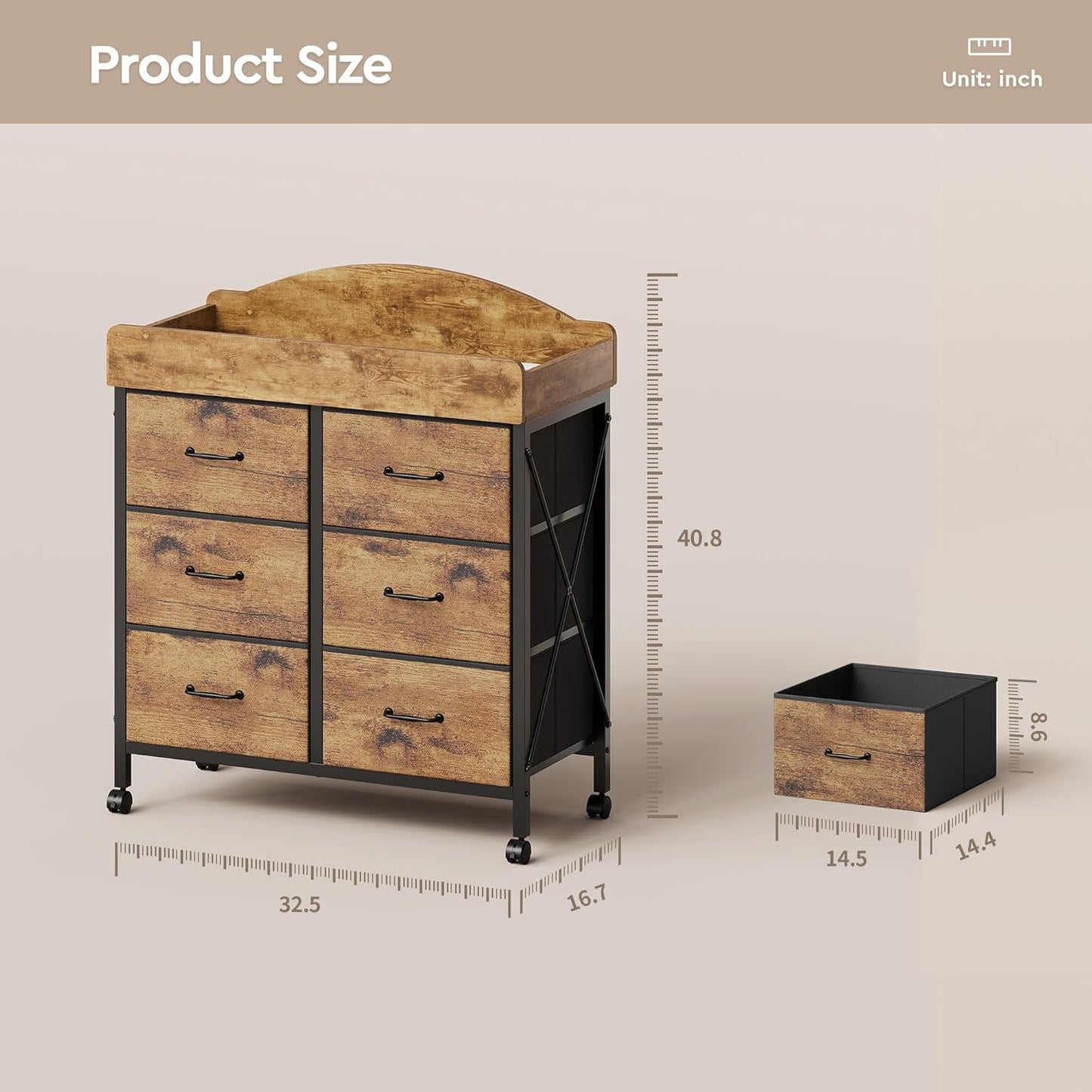 Baby Changing Table Dresser with Wheels, 6-Fabric Drawer Baby Dresser with Changing Table Top, Waterproof Diaper Changing Station & Pad, Mobile Storage Unit, Baby Furniture, Rustic Brown