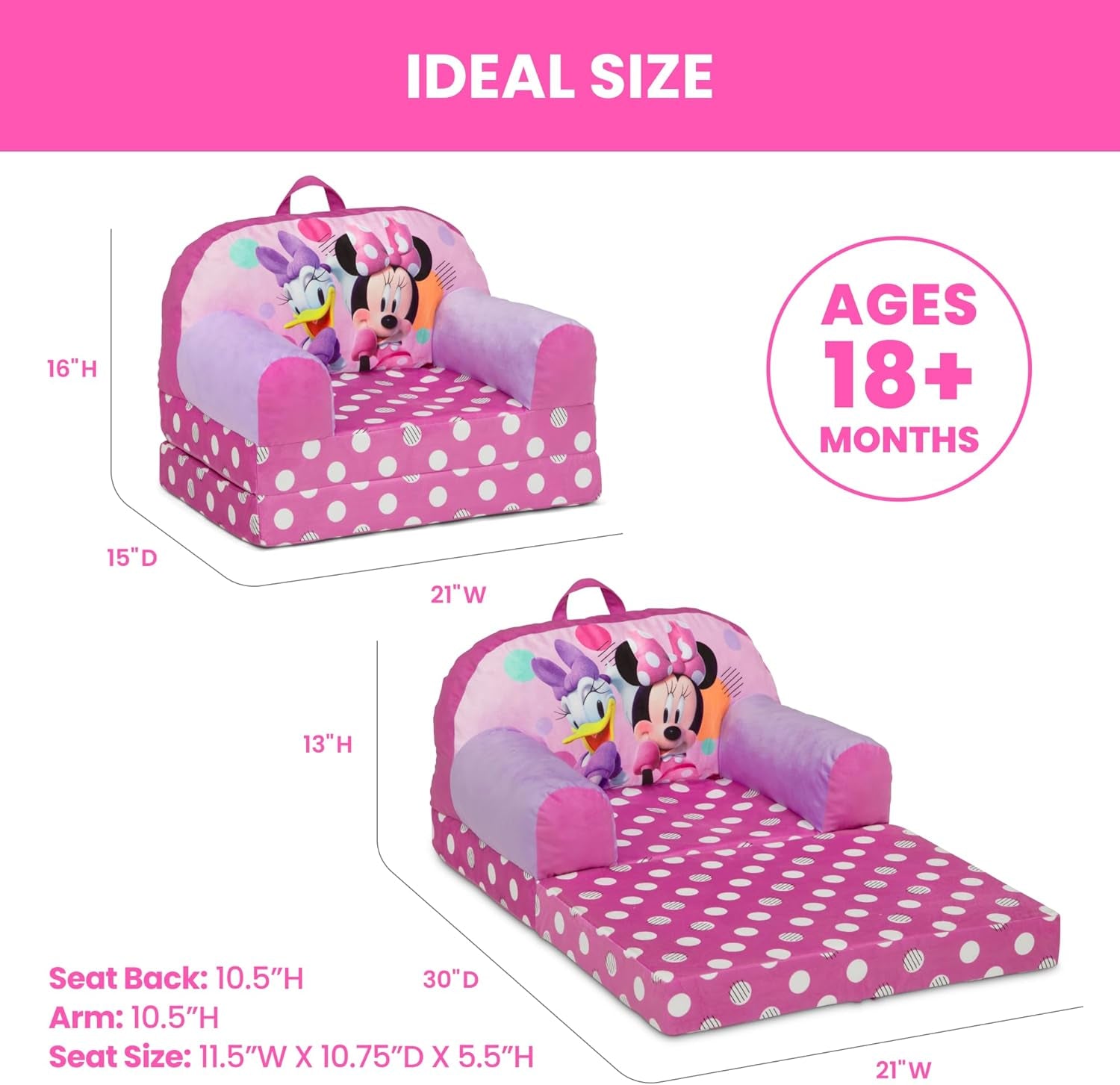 - Minnie Mouse Cozee Buddy Flip-Out Kids Chair, Pink
