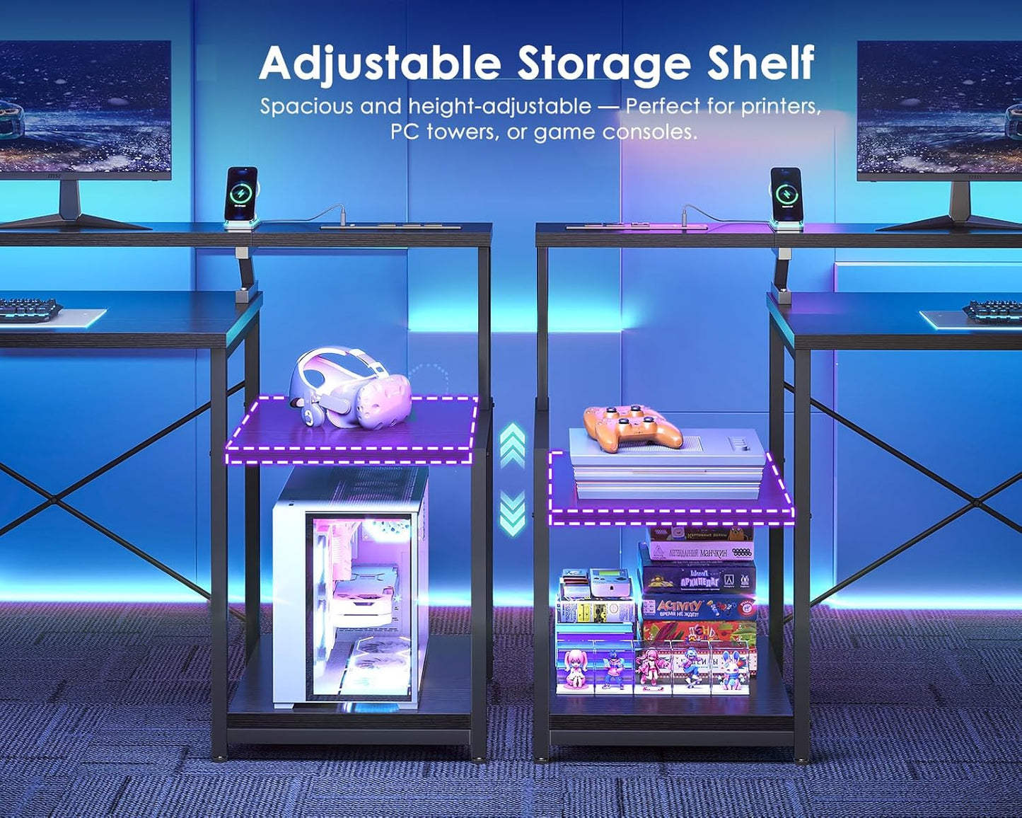 55 Inch Computer Gaming Desk with Power Outlets & 4 Drawers, Home Office Desk with Monitor Stand & Printer Shelves, Black