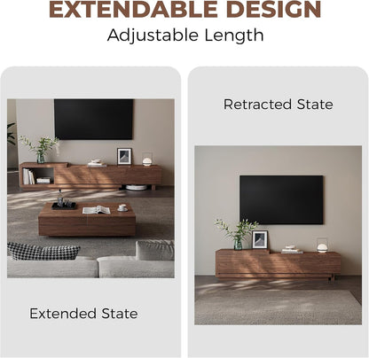 Extendable TV Stand for 65-100 Inches Tvs – Walnut Entertainment Console with 3 Drawers & 1 Storage Compartment, Adjustable Length 68.5''-98.4'' (Walnut, 68.5''-98.4'')