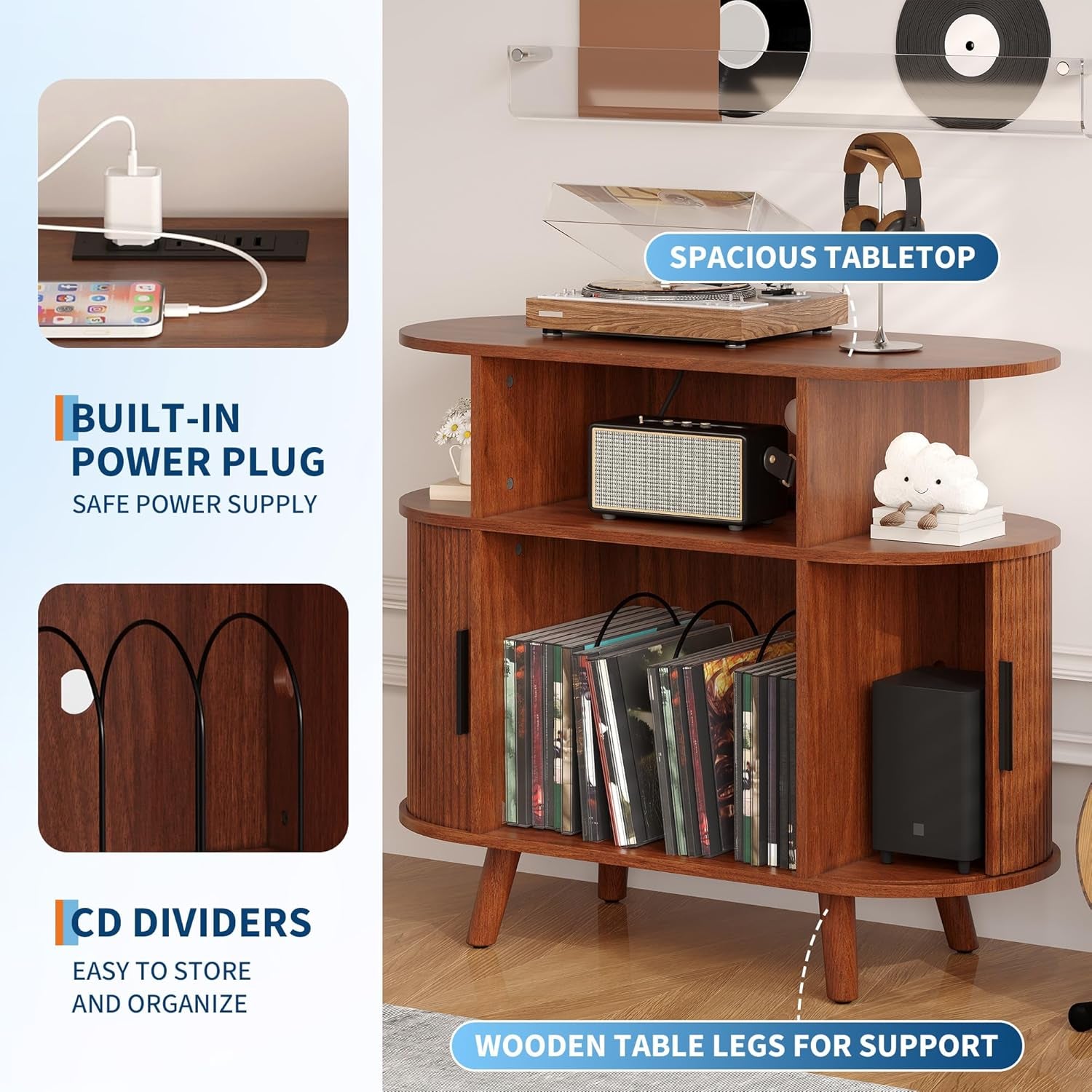 Large round Record Player Stand with Charging Station and USB Ports, Rustic Vinyl Record Player Turntable Stand Storage Cabinet with Open Shelves Holder Mid-Century Design