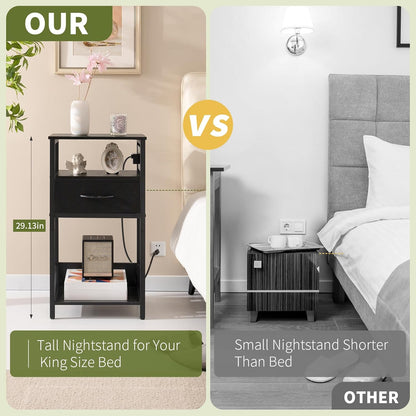 Record Player Stand with Storage - End Table with Charging Station & LED Lights, Vinyl Record Storage Holds up to 100 Albums, Nightstand with Drawer for Living Room Bedroom, Black