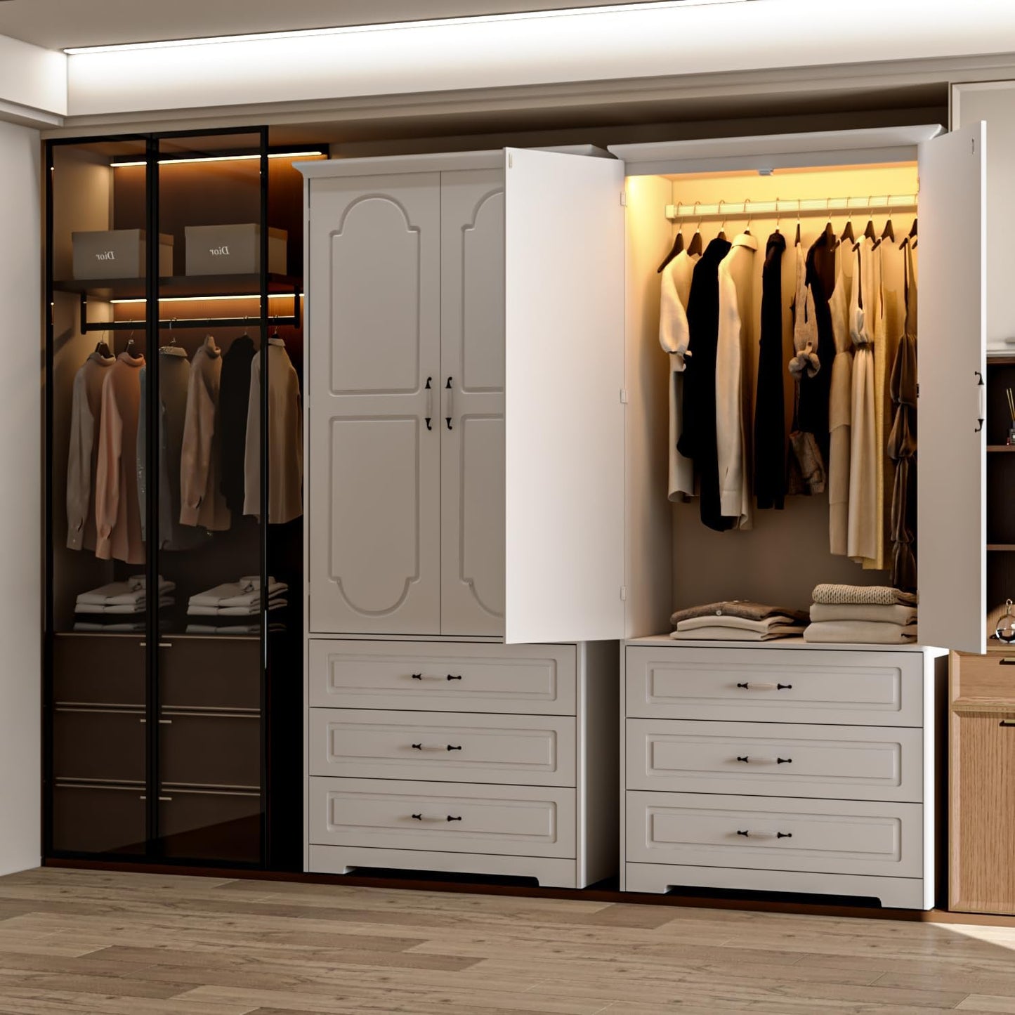 Armoire Wardrobe Closet with 3 Drawers and LED Light 72" Wooden Bedroom Armoire with 2 Doors and Retro Ceramic Door Handles Modern Wardrobe Cabinet with Removable Hanging Rod White