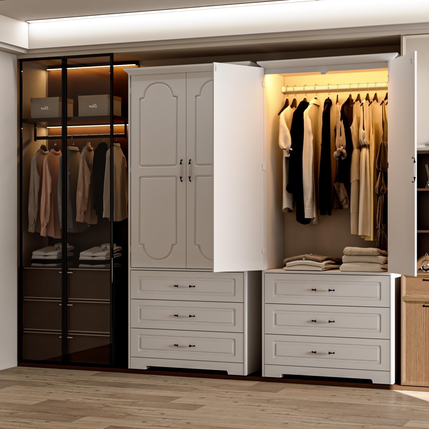 Armoire Wardrobe Closet with 3 Drawers and LED Light 72" Wooden Bedroom Armoire with 2 Doors and Retro Ceramic Door Handles Modern Wardrobe Cabinet with Removable Hanging Rod White