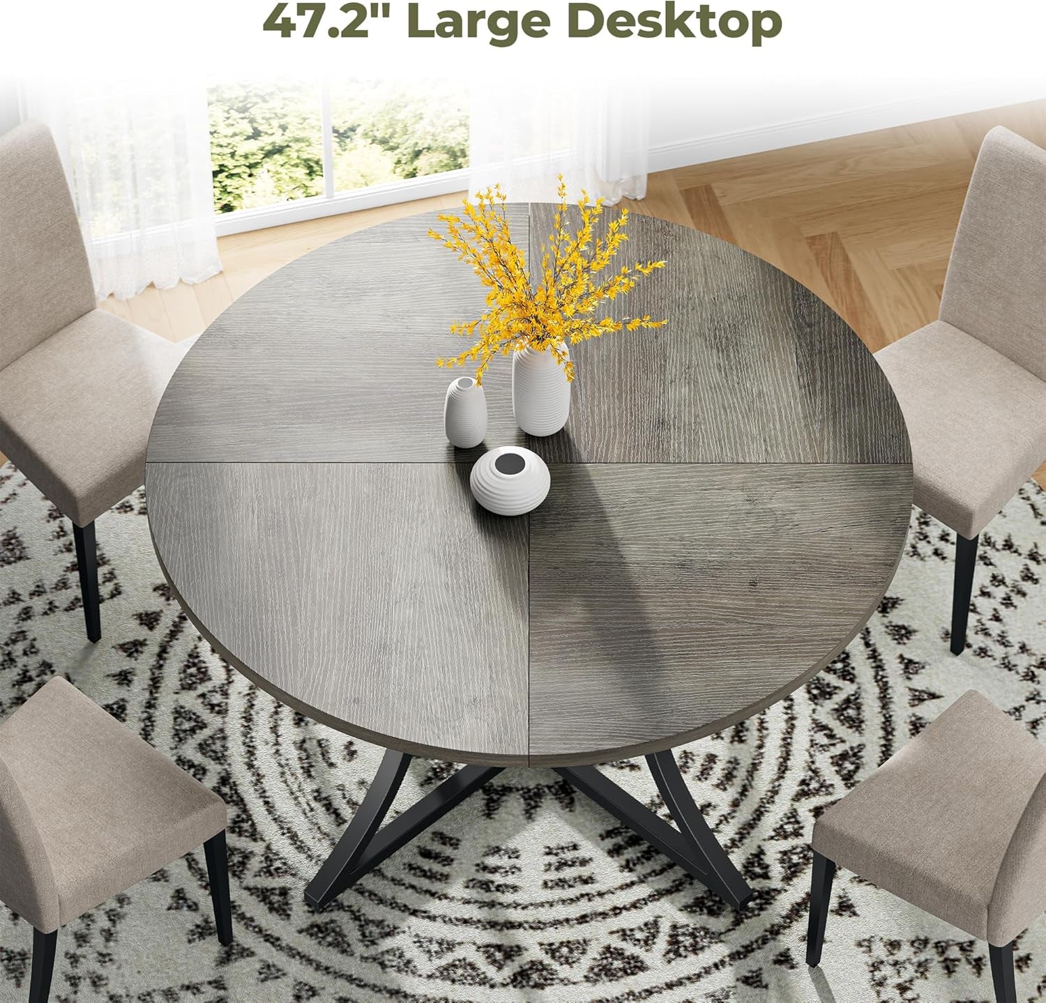 47.2" round Dining Table for 4, Wood Kitchen Table with Storage Shelf for Dining Room, Dinner Table with Wooden Tabletop and Metal Base, Gray