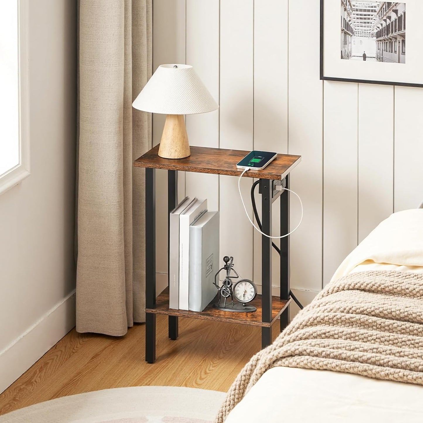 Small End Table with Charging Station, Narrow Side Table with USB Port and Outlets, Skinny Sofa Table, Slim Nightstand, Living Room, Bedroom, Rustic Brown and Black BF240UBZ01