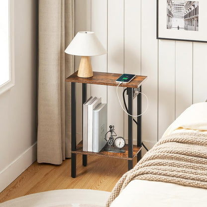 Small End Table with Charging Station, Set of 2, Narrow Side Table with USB Port and Outlets, Skinny Sofa Table, Slim Nightstand, Living Room, Bedroom, Rustic Brown and Black BF240UBZP201