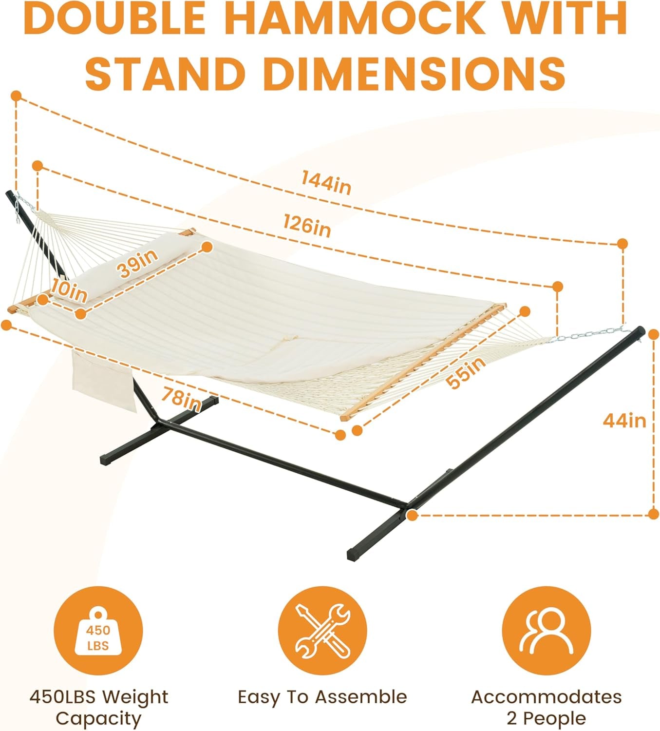 2 Person Portable Hammock with 12FT Stand, Double Hand Woven Cotton Rope Hammock with Detachable Quilted Pad & Pillow for Outside, 450Lb Capacity, Natural