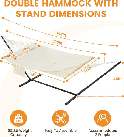 2 Person Portable Hammock with 12FT Stand, Double Hand Woven Cotton Rope Hammock with Detachable Quilted Pad & Pillow for Outside, 450Lb Capacity, Natural