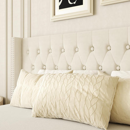 King Size Bed Frame, Upholstered Platform Bed with Wingback Headboard, Velvet Button Tufted, Easy Assembly, No Box Spring Needed, Beige