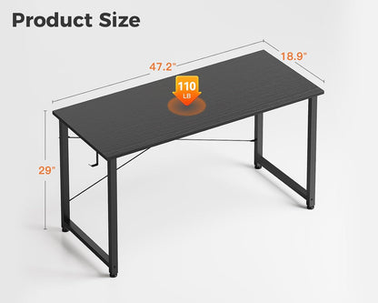 48 Inch Small Computer Desk for Home Office, Study Writing Table for Small Spaces, Simple Modern Desk with Headphone Hooks, Pure Black