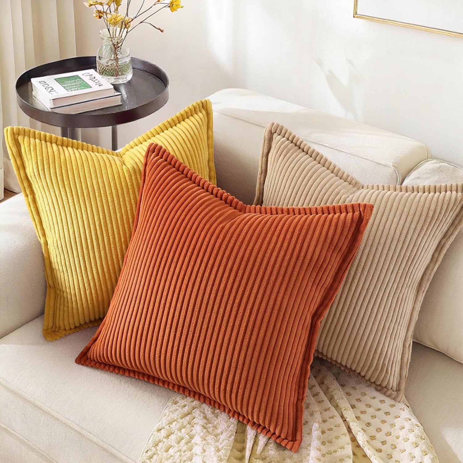 Fall Corduroy Rust Throw Pillow Covers 18X18 Set of 2 Decorative Soft Boho Farmhouse Euro Sham Couch Pillow Covers for Living Room Bed Sofa Broadside Striped Pillow Cases