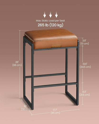 EKHO Collection - Bar Stools Set of 2, Counter Height Bar Stools, Synthetic Leather with Stitching, Mid-Century Modern Counter Stools, 26-Inch Tall, Kichen Home Bar Dining Room, Caramel Brown