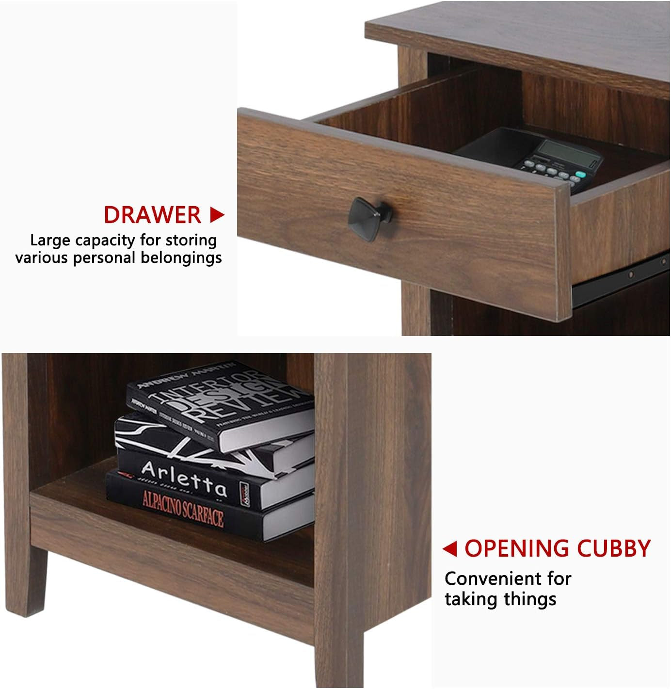 Bedroom Nightstands - Set of 2 Wooden Night Stands with Drawer for Home Bedside End Table Large Storage Furniture, Brown Wood Grain 18.11 in X 15.75 in X 23.62 In