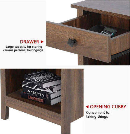 Bedroom Nightstands - Set of 2 Wooden Night Stands with Drawer for Home Bedside End Table Large Storage Furniture, Brown Wood Grain 18.11 in X 15.75 in X 23.62 In