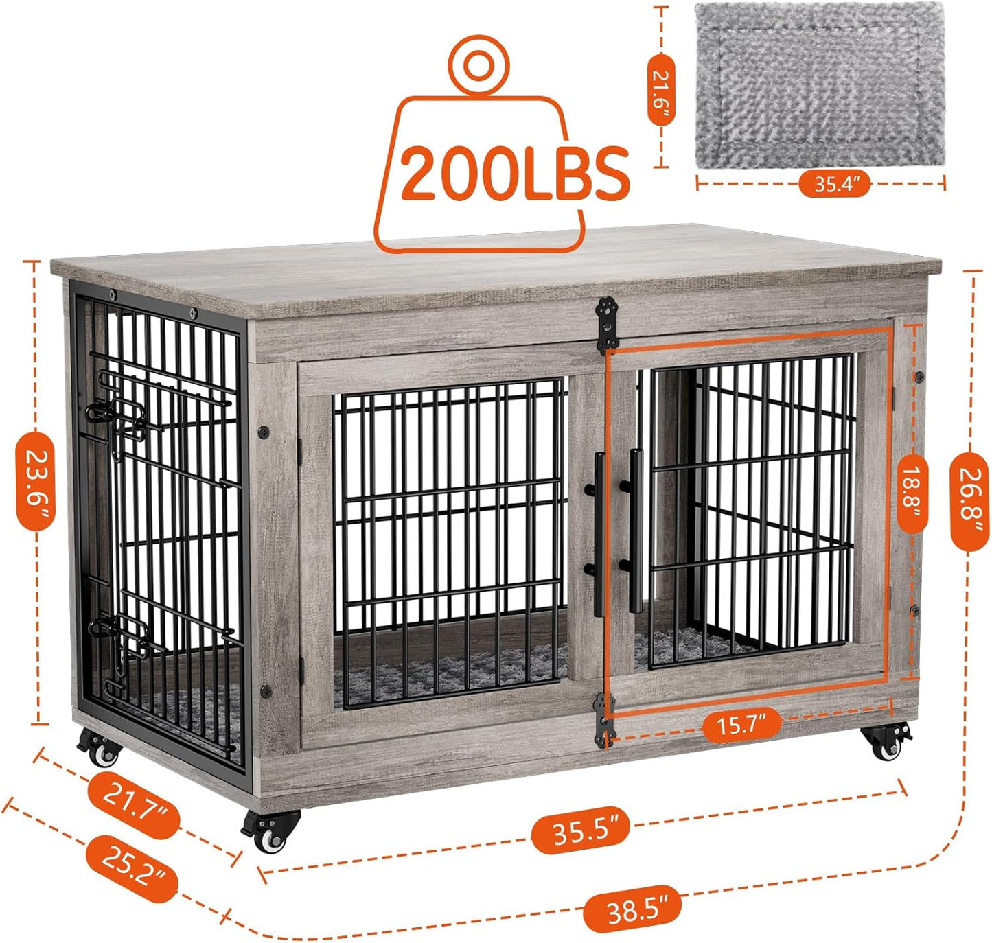 Large Dog Crate Furniture, 38'' Wooden Dog Crate End Table, Double Door Dog Kennel Indoor with Cushion & Wheels, Decorative Dog Cage House Chew-Resistant for Large/Medium, Grey