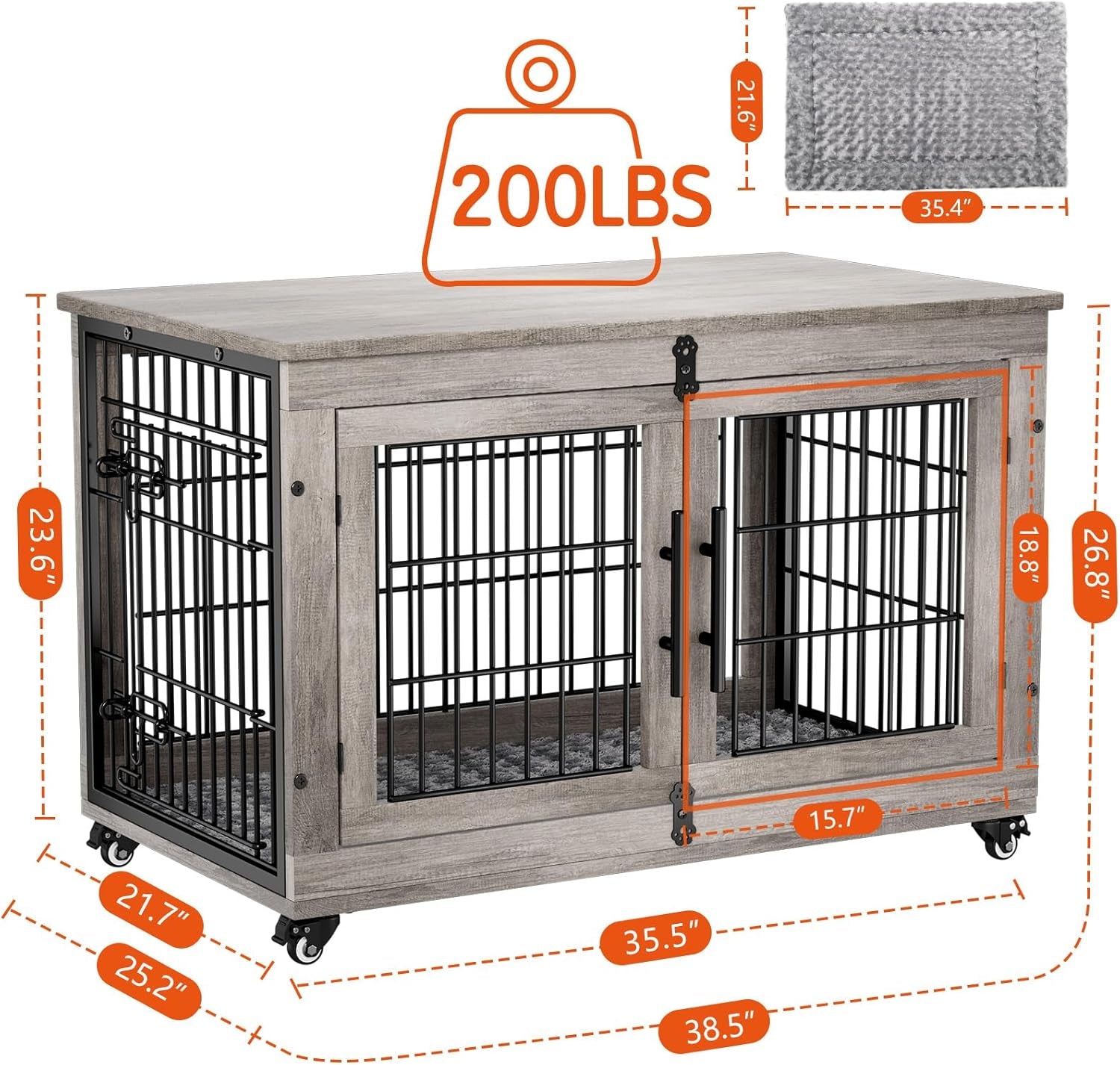 Large Dog Crate Furniture, 38'' Wooden Dog Crate End Table, Double Door Dog Kennel Indoor with Cushion & Wheels, Decorative Dog Cage House Chew-Resistant for Large/Medium, Grey