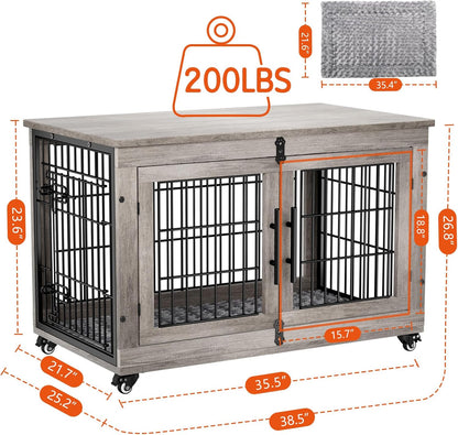 Large Dog Crate Furniture, 38'' Wooden Dog Crate End Table, Double Door Dog Kennel Indoor with Cushion & Wheels, Decorative Dog Cage House Chew-Resistant for Large/Medium, Grey