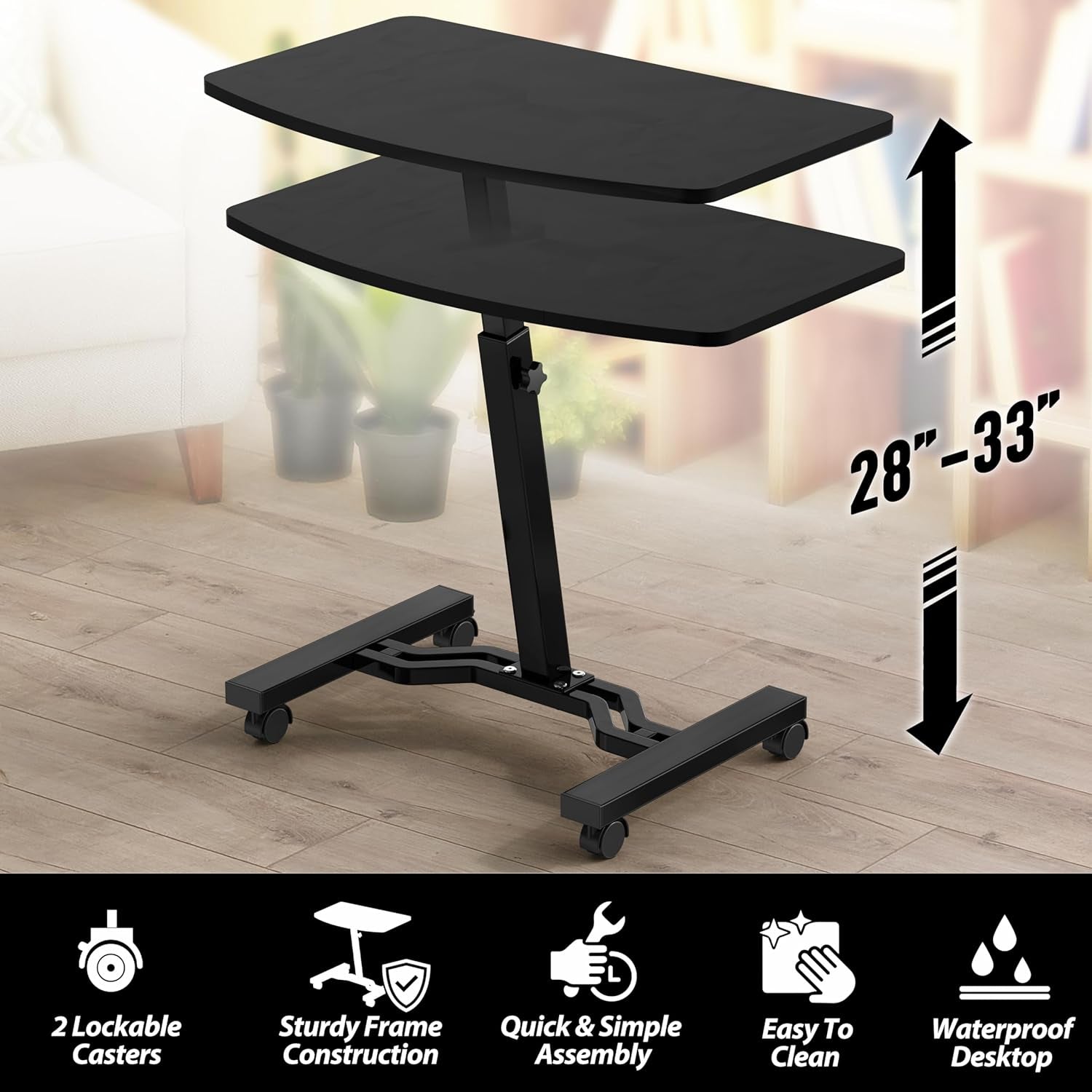 Mobile Height Adjustable Laptop Rolling Cart with Height Adjustment from 28" to 33", Black