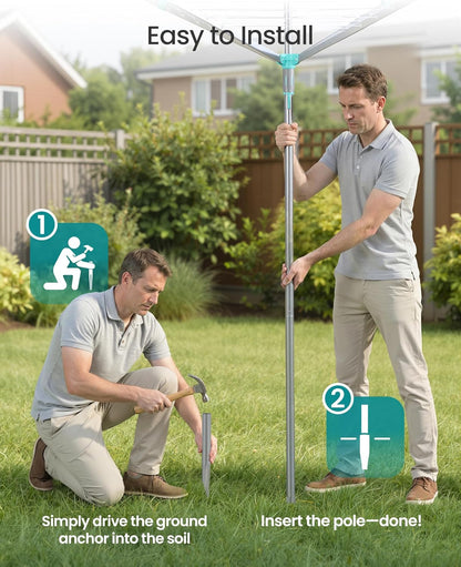 Umbrella Clothesline, Rotary Washing Line, Foldable Heavy-Duty Outdoor Clothes Drying Rack with Clips, Cover, Ground Anchor, 164 Ft (50 M) Long for 5 Loads of Laundry, Silver ULLR307EZ01