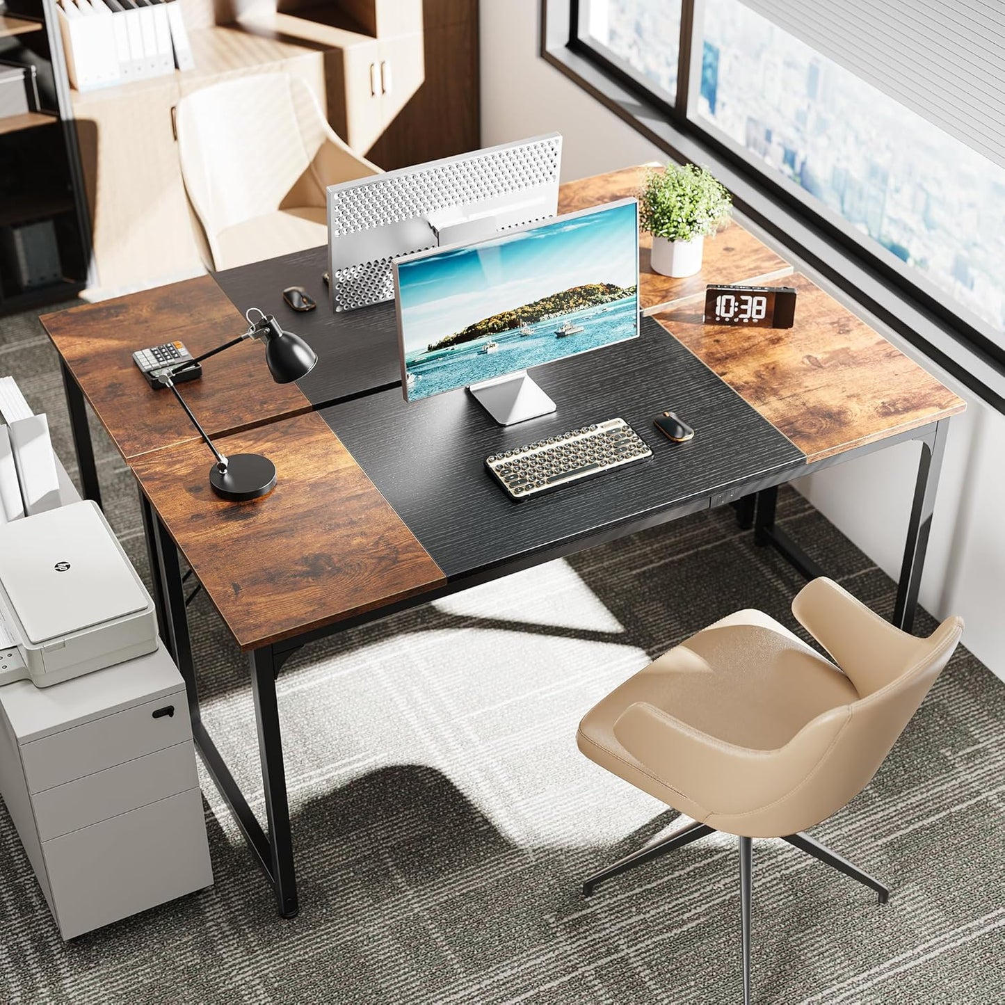 Computer Desk, 63 Inch Office Desk, Gaming Desk with Storage, Writing Desk Work Desk for Home Office, Study, Modern Simple Desk, Large Legroom, Metal Frame, Rustic Brown and Black