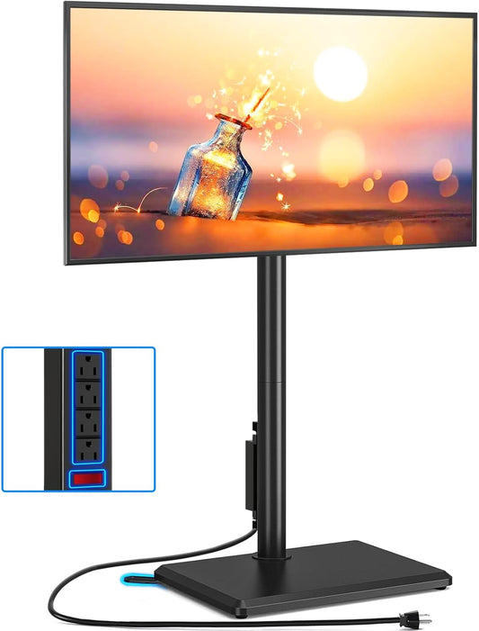Swivel Floor TV Stand with Power Outlet for 32-60 Inch Tvs, Height Adjustable Tall TV Stand with Wood Base, Hold up to 88Lbs, Saving Space Design for Bedroom, Living Room and Corner
