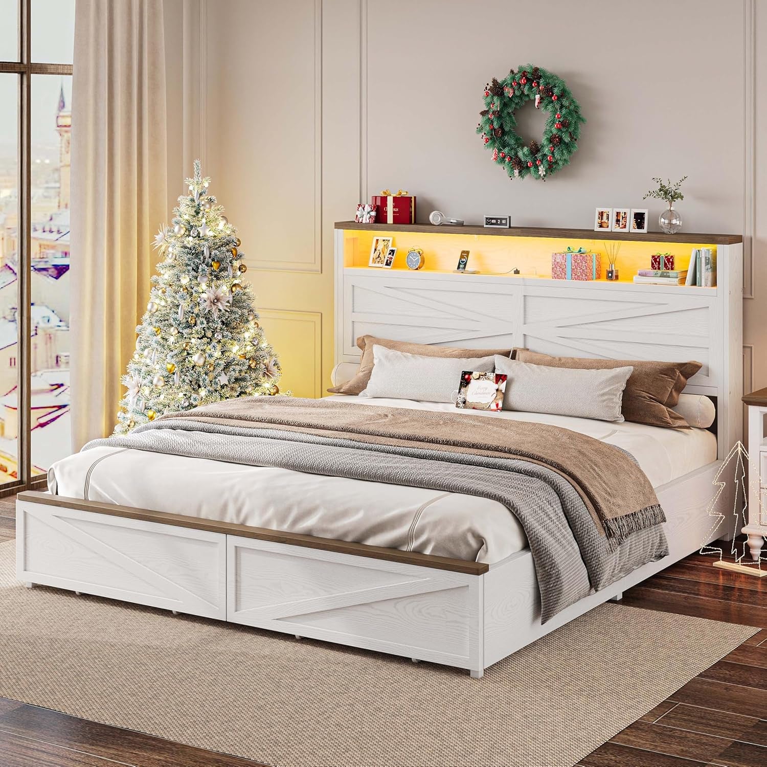 Farmhouse King Size Bed Frame with LED Light and Charging Station, Wood Bed Frame with Storage Headboard and 2 Drawers， Barn Door Design, Sturdy and Noiseless, White