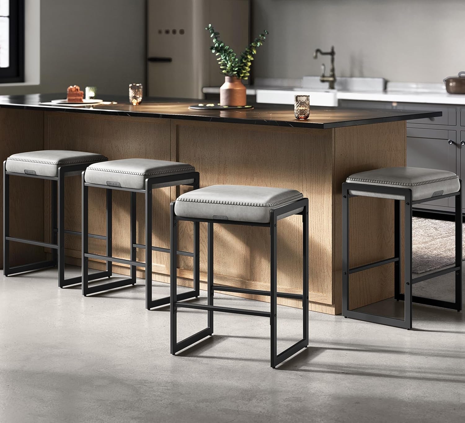 EKHO Collection - Bar Stools Set of 4, Counter Height Bar Stools, Synthetic Leather with Stitching, Mid-Century Modern Counter Stools, 26-Inch Tall, Kichen Home Bar Dining Room, Dove Gray