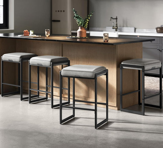 EKHO Collection - Bar Stools Set of 4, Counter Height Bar Stools, Synthetic Leather with Stitching, Mid-Century Modern Counter Stools, 26-Inch Tall, Kichen Home Bar Dining Room, Dove Gray