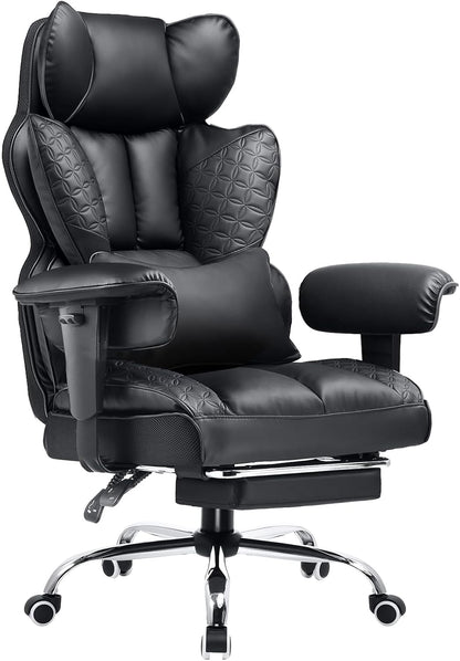 Big and Tall Office Chair 400LBS Wide Ergonomic Gaming Chair with Deluxe Embossing Designed Leather with Foot Rest,150°Reclining Adjustable Armrests Pocket Spring Back Support and Pillow