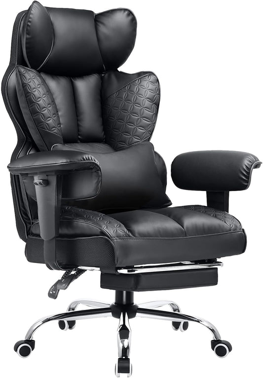 Big and Tall Office Chair 400LBS Wide Ergonomic Gaming Chair with Deluxe Embossing Designed Leather with Foot Rest,150°Reclining Adjustable Armrests Pocket Spring Back Support and Pillow
