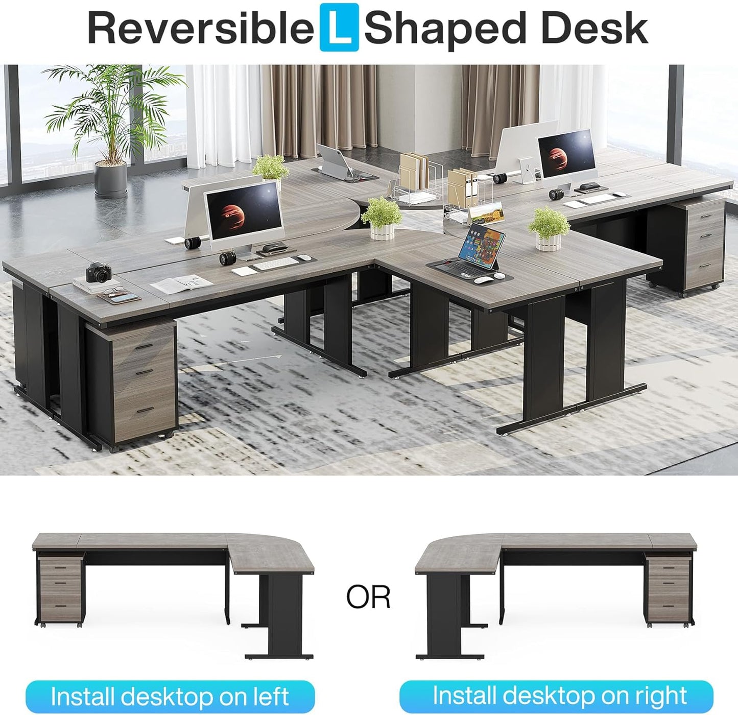 83" L-Shaped Executive Desk, Large Office Desk with Drawes, Industrial Corner Computer Table with File Cabinet, Business Workstation for Home Office (Gray, 83")