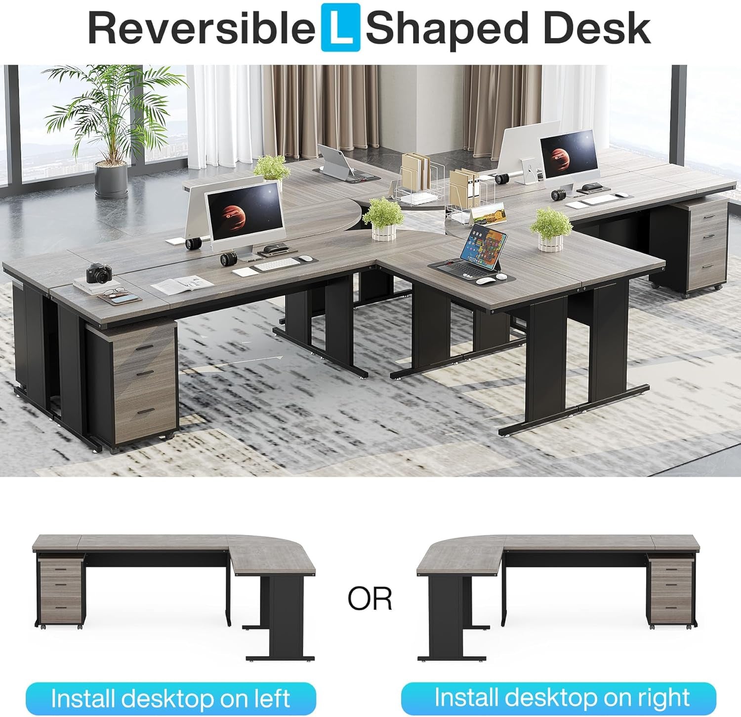 83" L-Shaped Executive Desk, Large Office Desk with Drawes, Industrial Corner Computer Table with File Cabinet, Business Workstation for Home Office (Gray, 83")