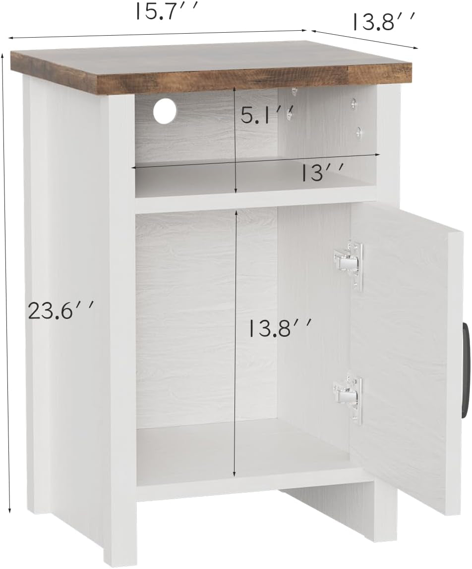 Farmhouse Modern Nightstand with Shelf and Barn Door, Set of 2 for Bedroom, White