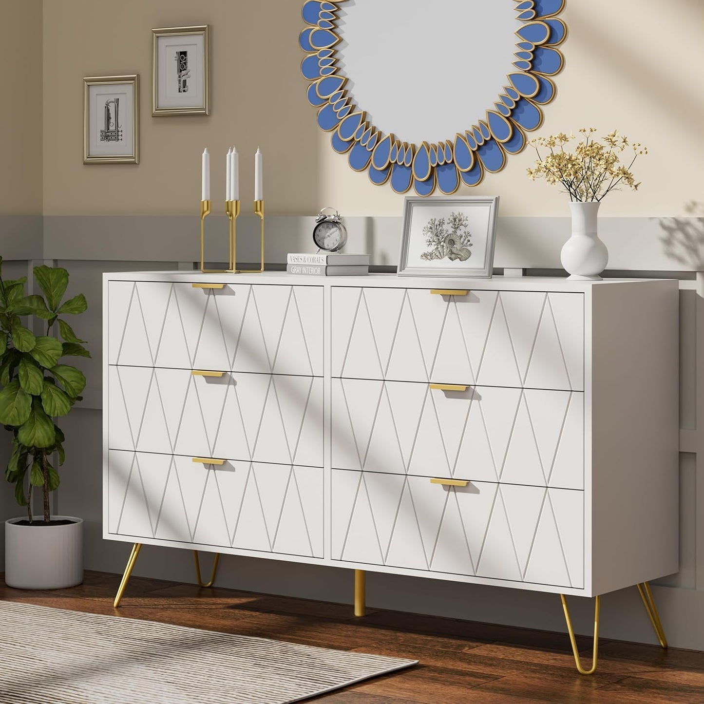 Bedroom Sets White Sets 3 Piece, Night Stand Sets and Large 6 Drawer Dresser for Bedroom, Two Drawers Nightstand Set of 2 & 6 Drawer Dresser Combo 3 Pieces (White)