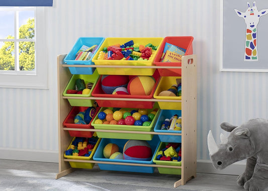 Kids Toy Storage Organizer with 12 Plastic Bins - Greenguard Gold Certified, Natural/Primary