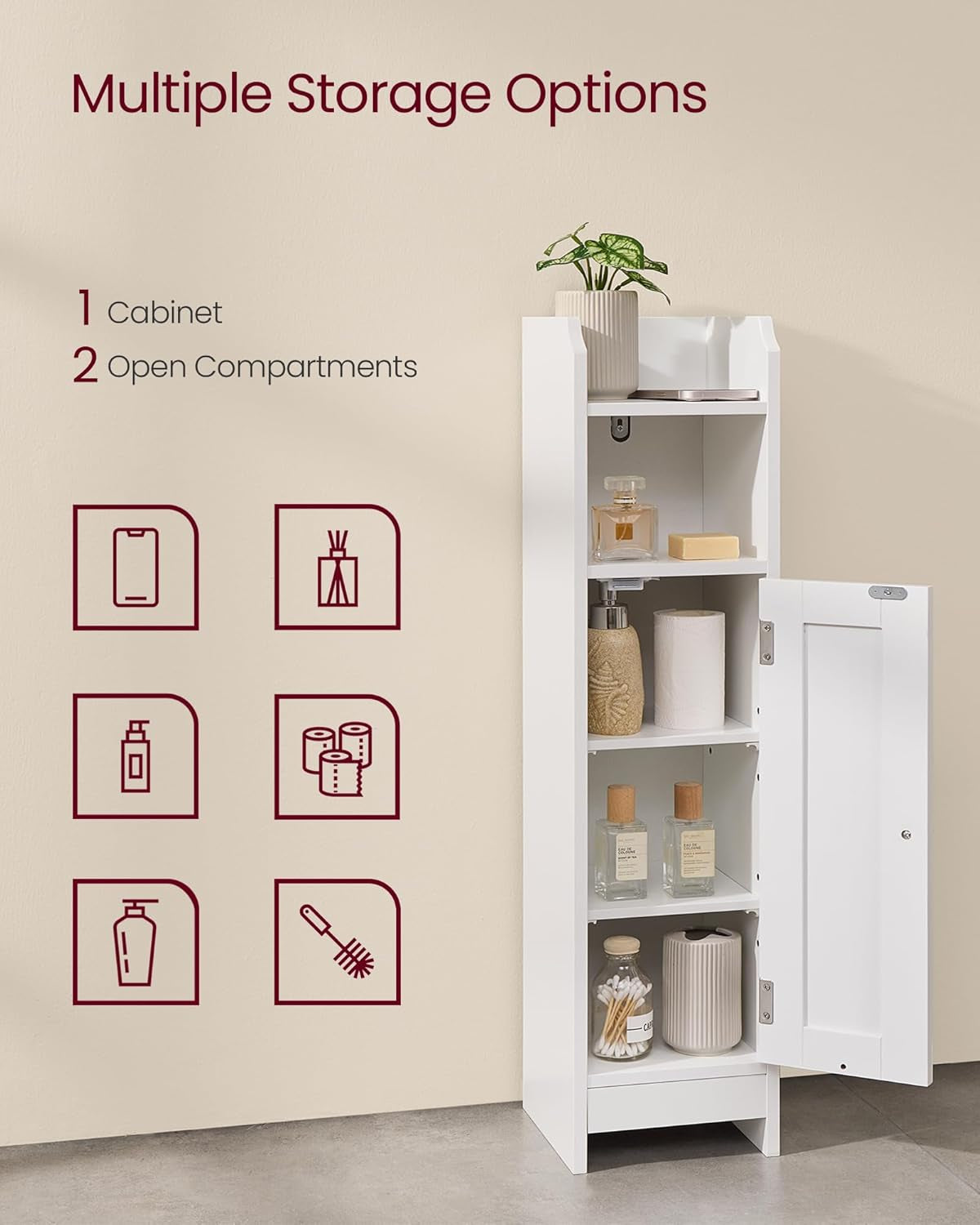 Small Storage Corner Floor Cabinet with Door, 7.9 X 7.1 X 31.5 Inches, Narrow Toilet Paper Storage Holder, Adjustable Shelves, for Bathroom, Living Room, Small Spaces, Cloud White UBBC310W01