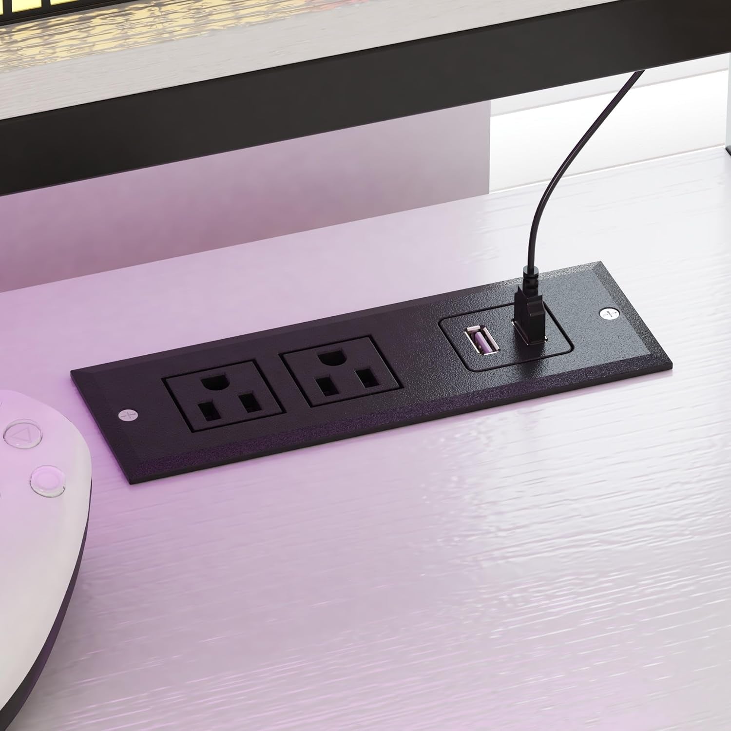 50 Inch Gaming Desk with LED Lights and Power Outlets, White Compact Computer Office Desk with Storage Shelves,Monitor Stand & Side Hook, Storage Drawers of Computer Table for Bedroom