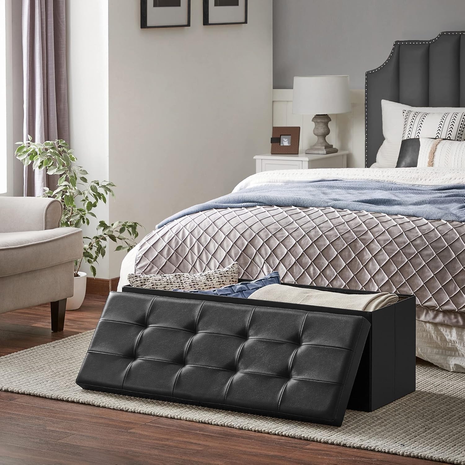 MAZIE Collection - 43 Inches Storage Ottoman Bench with Flipping Lid, Storage Chest with Iron Frame Support, Load 660 Lb, for Living Room, Bedroom, Synthetic Leather, Black ULSF75BK