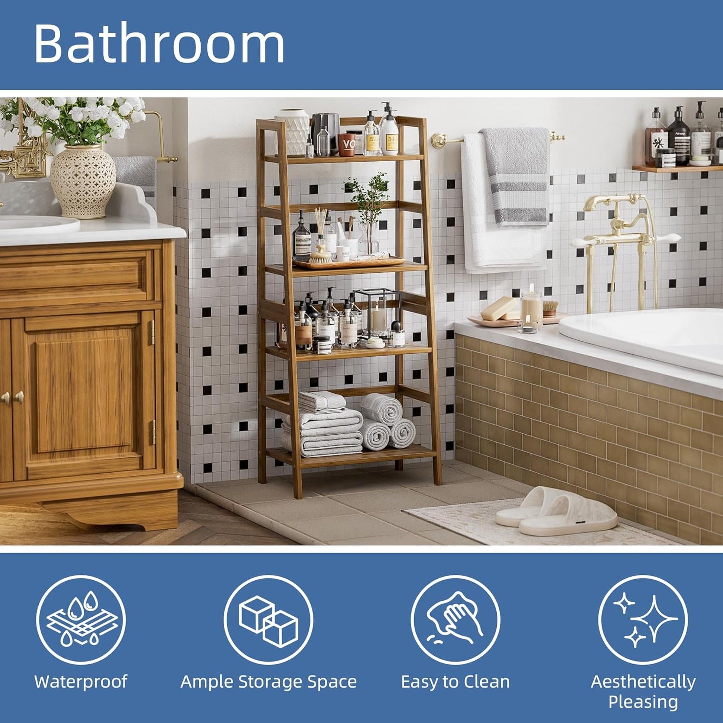 Ladder Shelf, 4-Tier Bamboo Bookshelf, Freestanding Open Display Storage Rack, Space Saving Flower Plant Display Stand for Bathroom Living Room, Walnut